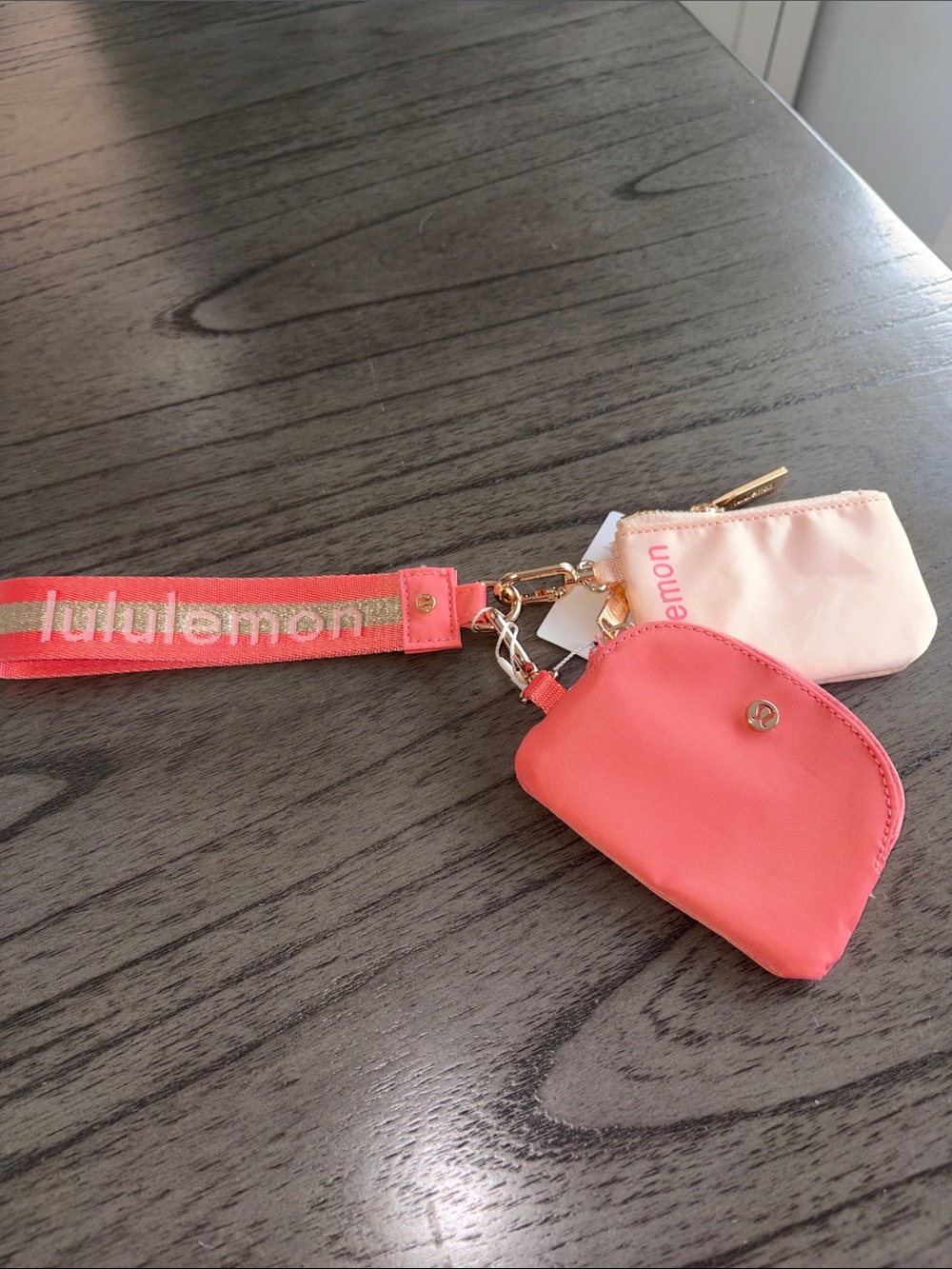 lululemon athletica Coral and Light Pink Kids Wristlet Keychain Pouch Set